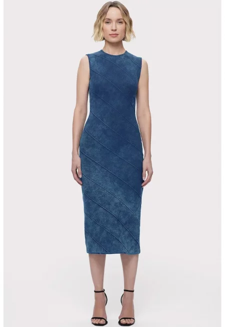 Миди рокля без ръкави с деним визия и закопчаване с цип на гърба - Син