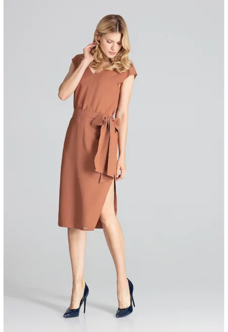 Миди рокля  M674 - елегантна - къс ръкав - кафява - 100% полиестер -
