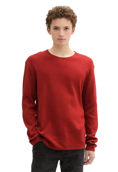 Памучен пуловер с овално деколте - Аленочервен