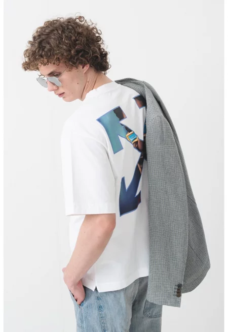 Памучна тениска с овално деколте и лохо - Пастелносин/Бял