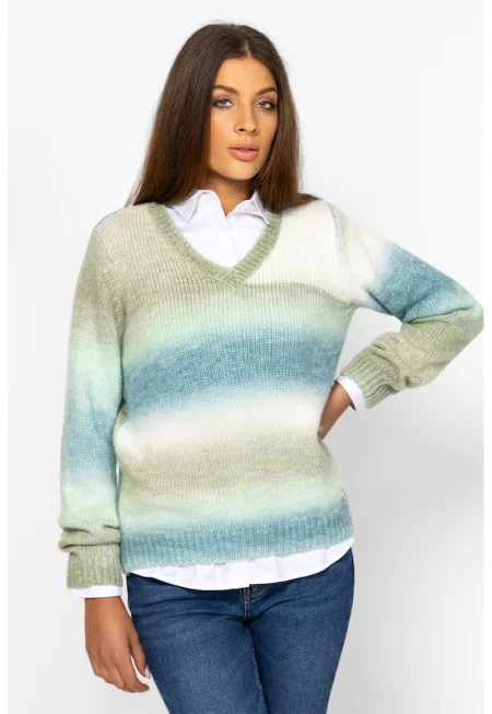 Плетен пуловер с шпиц - Слонова кост/Тъмносин/Каки