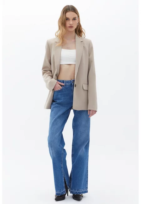 Прави дънки с висока талия и цепки на маншетите - Син