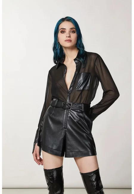 Прозрачна риза - с кожени елементи - Черен
