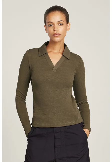 Пуловер от органичен памук с яка - Бледо каки