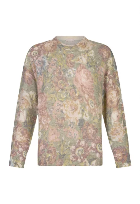 Пуловер с паднали ръкави - Червен/Зелен/Крем