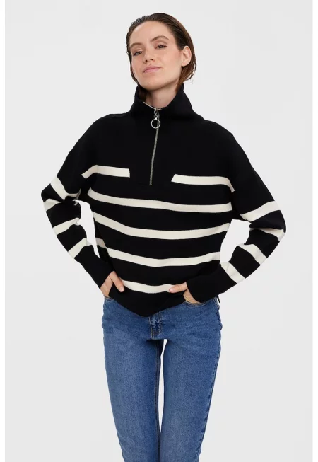 Раиран пуловер с къс цип - Слонова кост/Избеляло черно