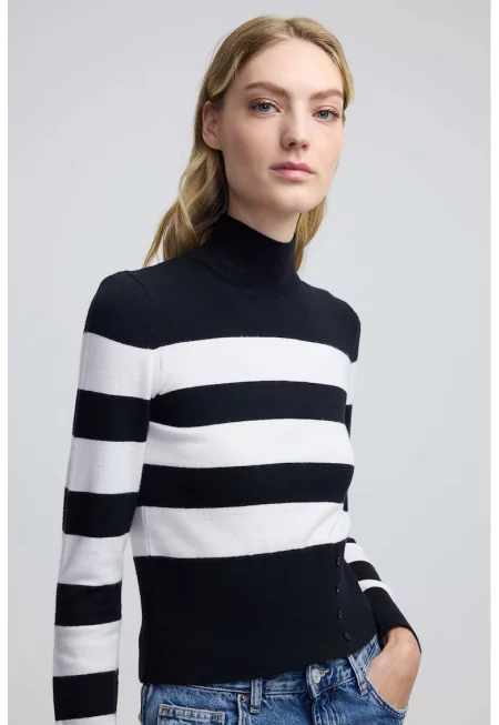 Раиран пуловер с висока яка - Слонова кост/Черен