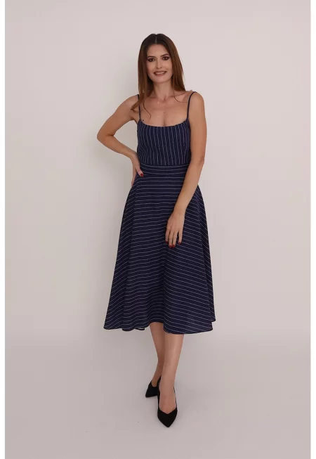 Раирана рокля Olympia с лен - Тъмносин