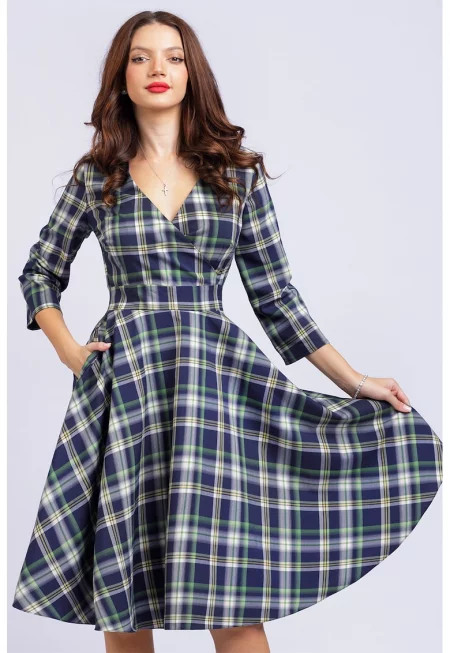 Разкроена миди рокля с джобове - Зелен/Жълт/Тъмносин