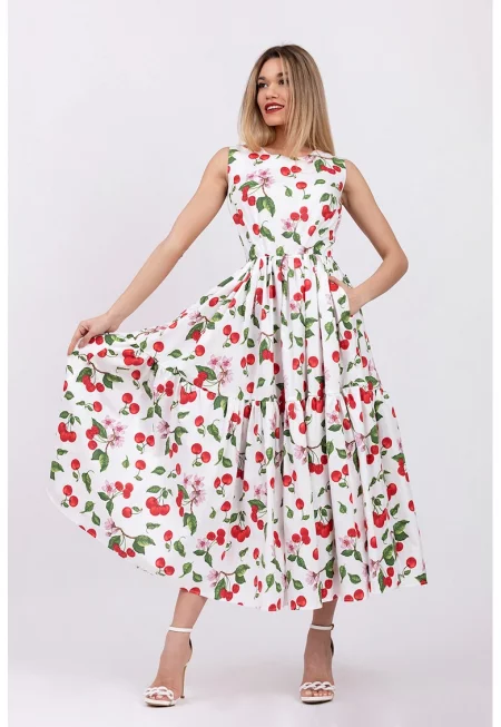 Разкроена рокля с джобове встрани - без ръкави - Червен/Бял/Зелен