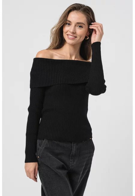 Рипсен пуловер Katia с голи рамене - Черен
