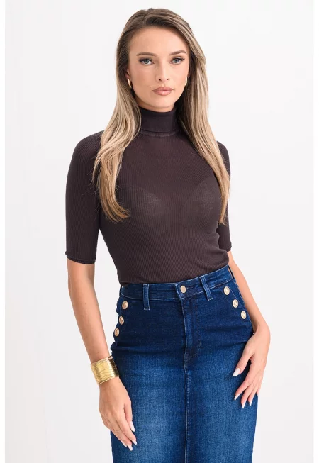 Рипсено поло с къси ръкави - Тъмнокафяв