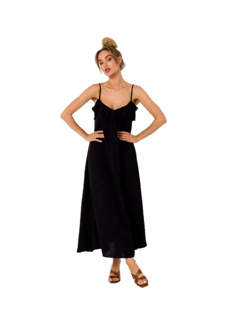 Rochie midi evazata cu bretele subtiri si volane -