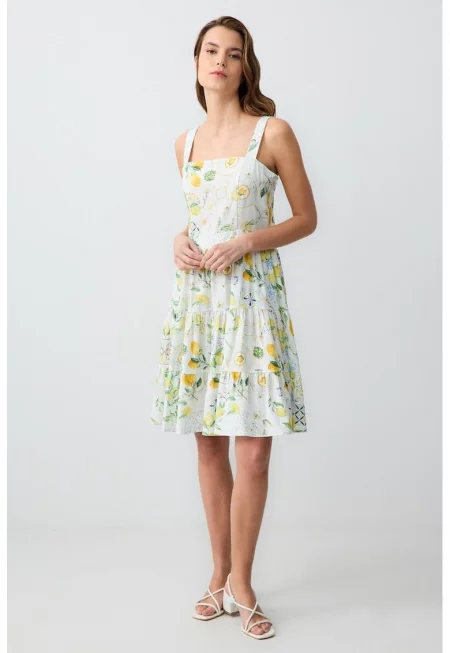 Рокля с лен - Бял/Шафраново жълто/Аква зелено