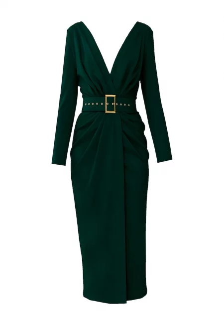 Рокля Sting с шпиц и колан - Тъмнозелен