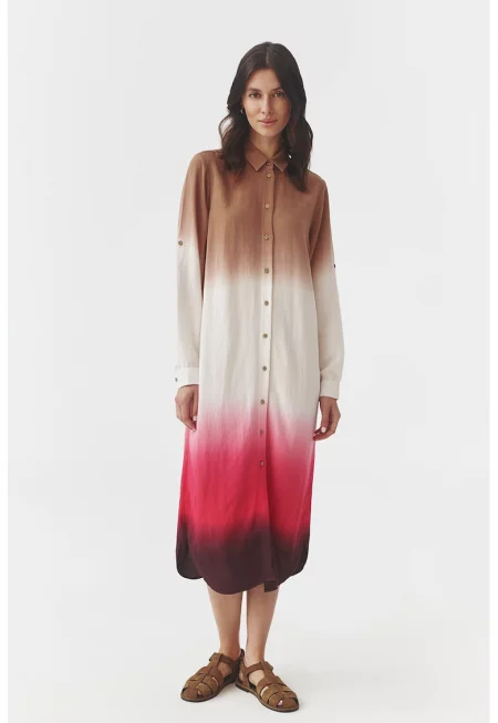 Рокля тип риза с ефект деграде - Червен/Бял/Светлокафяв