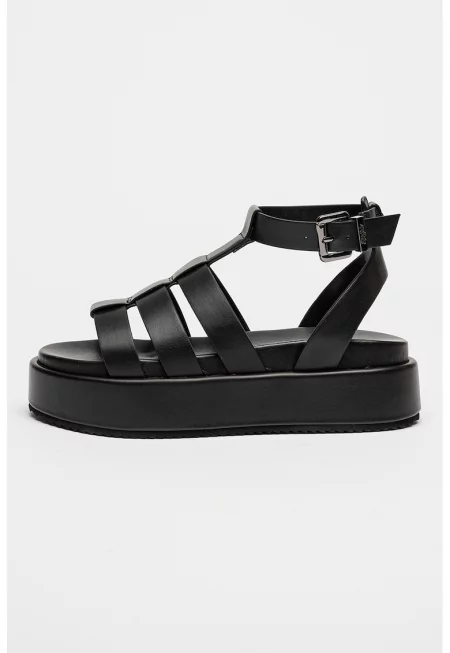 Сандали от еко кожа с каишка с тока - Черен