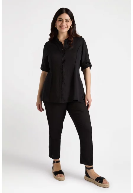 Скъсен ленен панталон с еластична талия - Черен