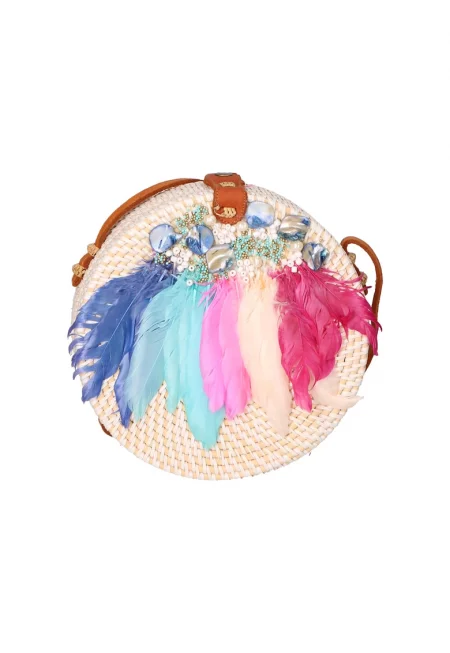 Сламена чанта през рамо - Бял/Светлорозов/Светлосин