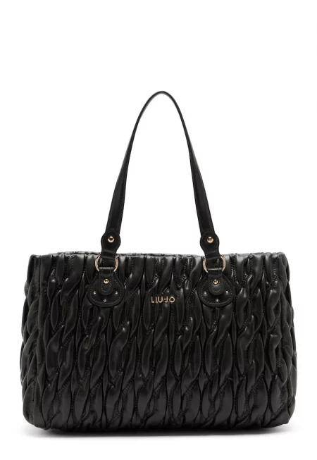 Сплетена шопинг чанта от еко кожа - Черен