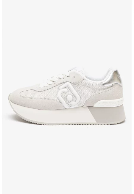 Спортни обувки Dreamy с равна платформа и велур - Бял/Сив/Сребрист