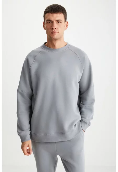 Суитшърт от памук с овално деколте - Прашно синьо