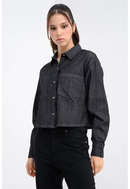 Свободна дънкова риза с джобове - Антрацитно сиво