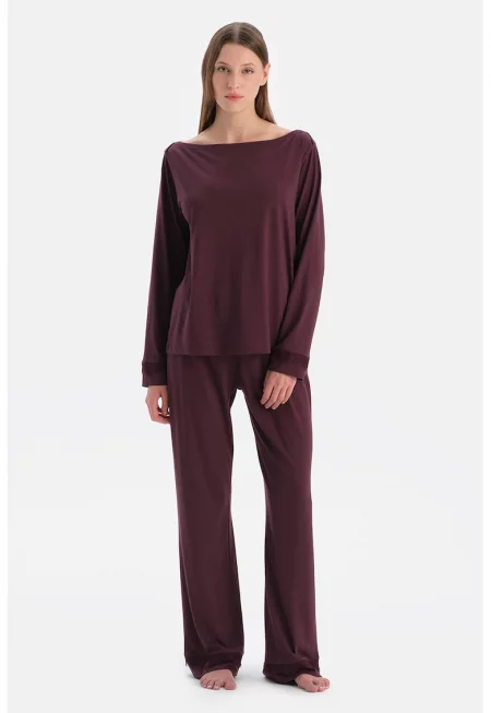 Свободна пижама с модал и деколте тип лодка - Тъмновиолетов