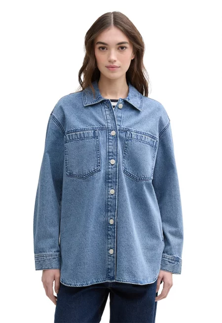 Свободно яке от деним с джобове на гърдите - Син меланж