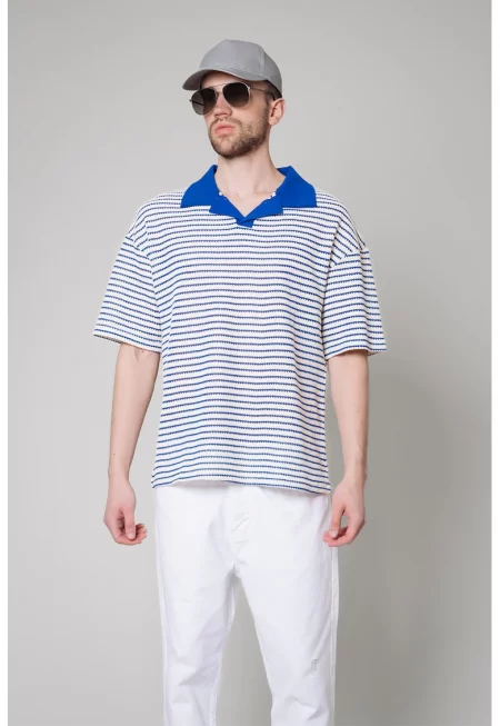 Тениска на райе с памук с яка - Кралско Синьо/Мръснобял