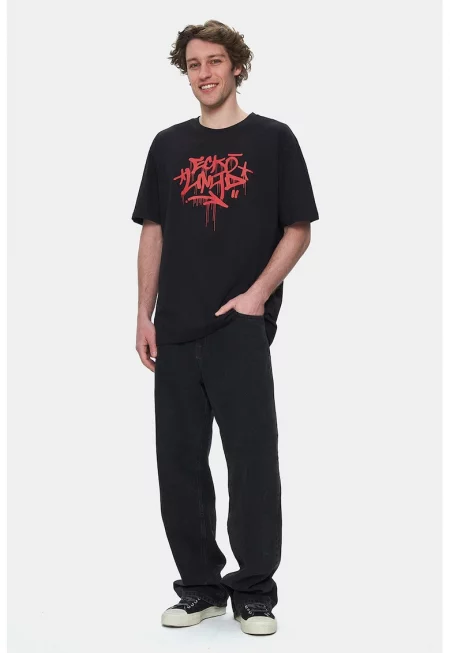 Тениска с овално деколте и графика - Червен/Черен