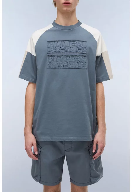 Тениска с принт - Прашно синьо/Крем