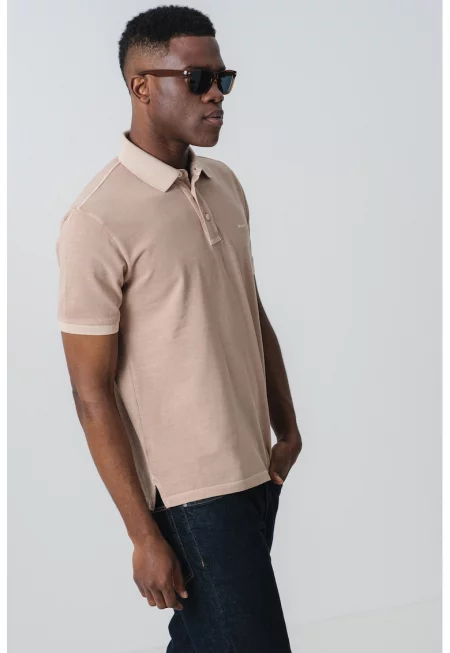 Тениска с яка и лого - Светлокафяв