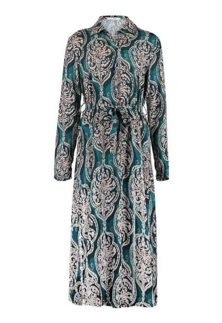 Вискозна рокля с връзка - Бежов/Персийско зелено