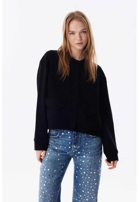 Жилетка с вълна с предни джобове - Черен