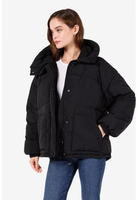 Зимно ватирано яке с качулка - Черен