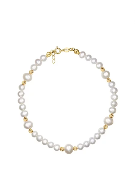 Златна гривна 585 - 14К с бели култивирани перли 5+6мм и златни топчета - класическа закопчалка