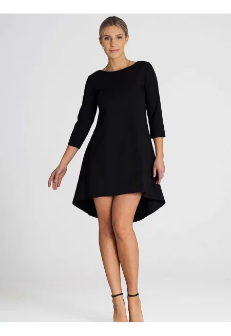 Асиметрична рокля  плисирана - 3/4 ръкав - удължен гръб - черен полиестер-вискоза