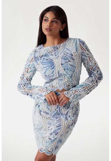 Блуза с ажур - Бял/Коняк кафяв/Лавандула