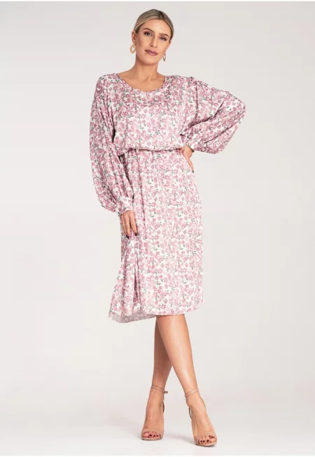 Буфан рокля  обемни ръкави - флорален принт - розово - полиестер-еластан - SM