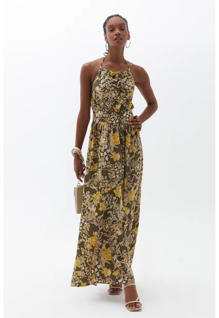 Дълга рокля от лиосел с флорален принт - Шафраново жълто/Папратово зелено/Крем