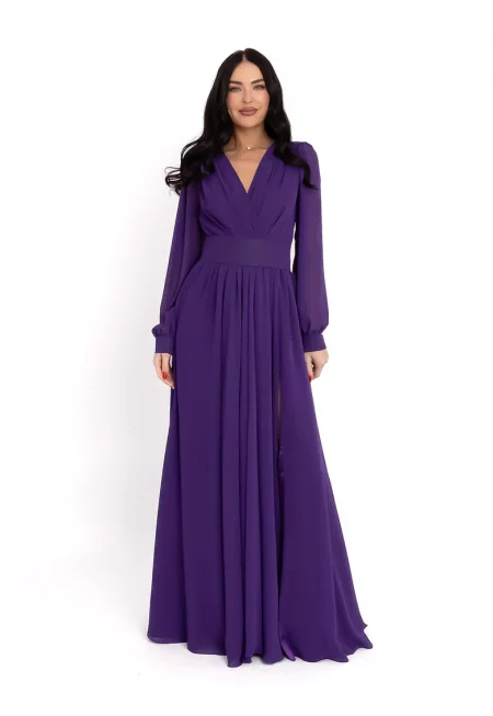 Дълга рокля с шпиц и цип - Виолетов
