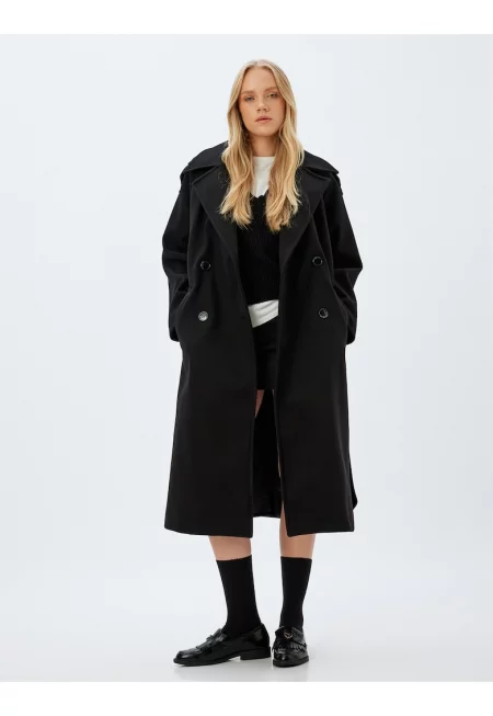 Дълго палто с двойни ревери - Черен