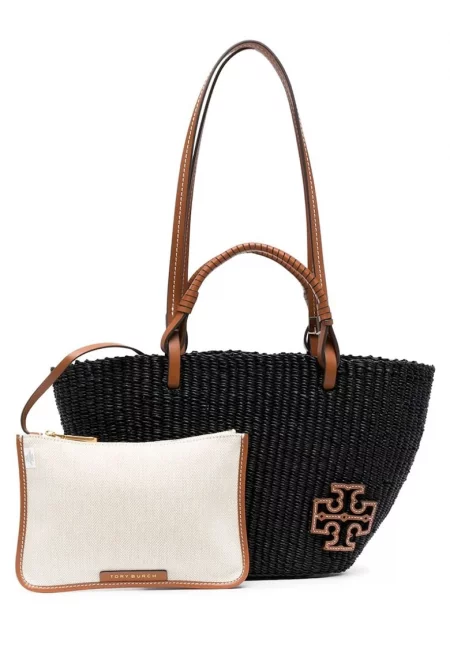 Дамска чанта - Tory Burch - Ella Straw Small Basket Tote - черна - 38x22x9 см