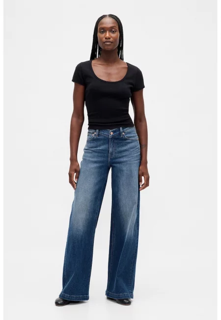 Дънки с широк крачол и висока талия - Тъмносин/Светлосин