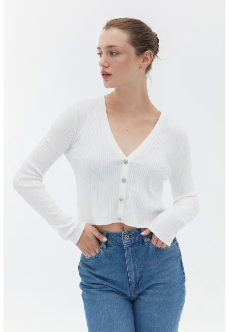 Фино плетена жилетка с шпиц - Бял