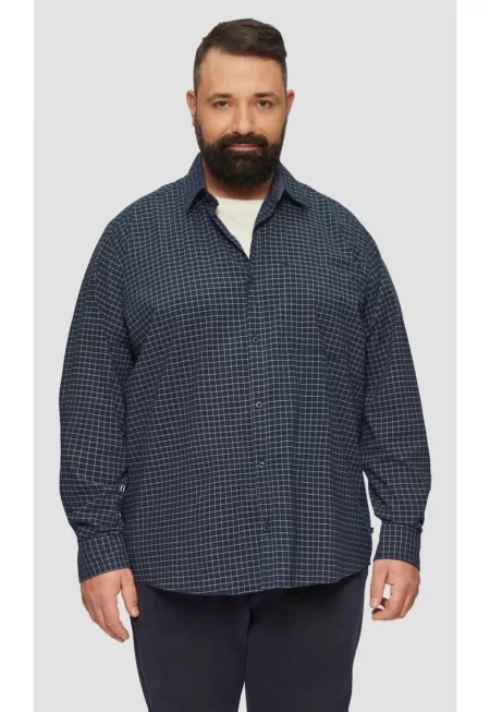 Голям размер мъжка риза от памучна смес с еластан - карирана щампа - стандартна кройка - тъмносиня