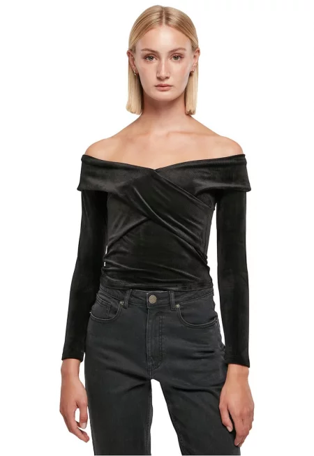 Кадифена блуза с голи рамене