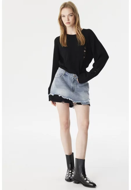 Къса рокля с дизайн 2 в 1 и захабени зони - Черен/Светлосин