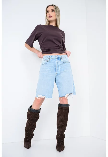 Къса тениска със странично набиране - Кафяв